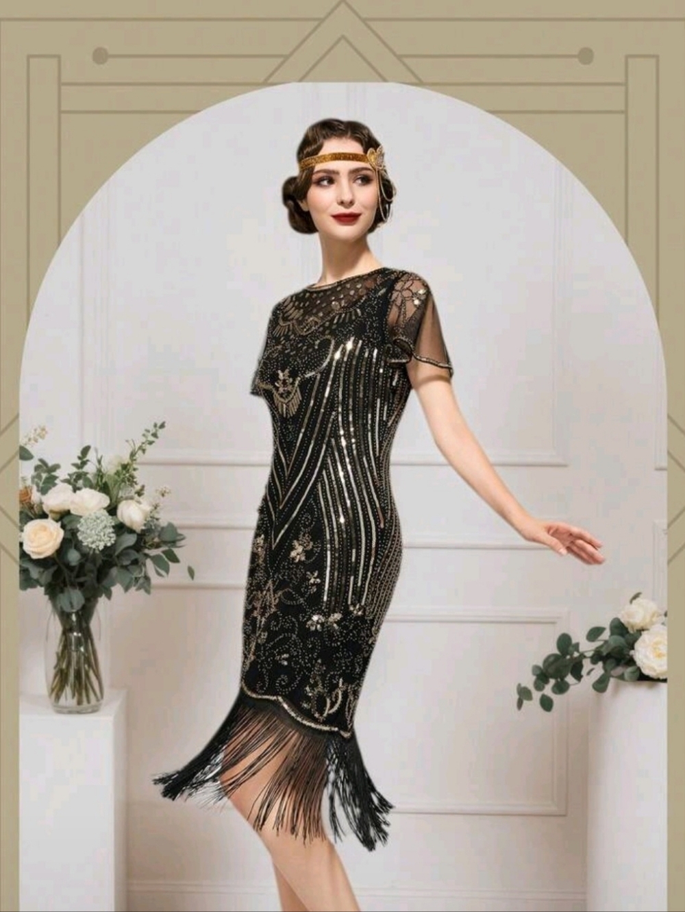 Black & Gold Beaded Fringe Flapper Dress - Picture 2 of 4
